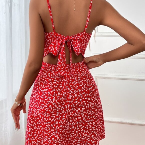 Red Boho Womens Vacation Ditsy Floral Tie Back Cami Red Women Dress - Picture 3 of 5